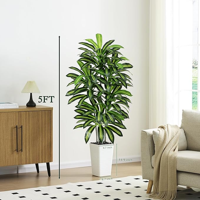 Artificial Dracaena Tree - 5FT Tall Fake Plants with White Tall Planter - Artificial Plants Indoor Floor Plant in Pot - Large Tropical Fake Yucca Potted Tree for Home Office Living Room Decor