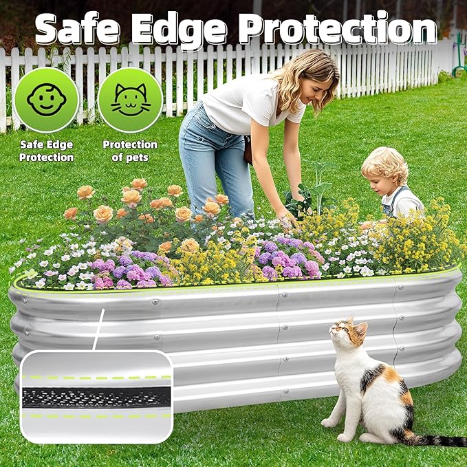 G GOOD GAIN Galvanized Metal Raised Garden Bed Kit - 4x2x1FT Outdoor Planter Box with Safety Edging and Gloves for Vegetables, Fruits, Flowers(Silver, 2PC)