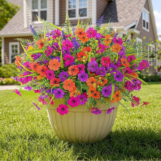 Alupssuc 36 Bundles Artificial Flowers for Outdoors Spring Decoration, UV Resistant Eucalyptus Violet and Lavender Silk Fake Plants for Outside Indoor Yard Home Patio Decor, Orange Rose Purple
