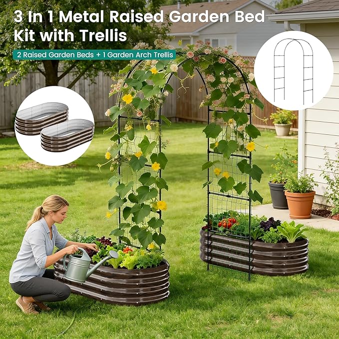 DoCred 3 in 1 Galvanized Raised Garden Bed, 2Pcs Garden Planter Box with 87" H Trellis for Climbing Plants, Outdoor Gardening Raised Beds with Climbing Net for Fruits, Vegetables, Flower (Wood Grain)