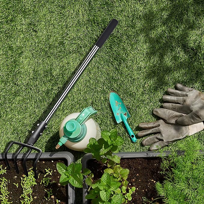 BARAYSTUS Long Hand Cultivator, Carbon Steel & Stainless Steel Tiller Cultivator, Garden Cultivator with Telescopic Handle and Soft Handle Cover, Hand Tiller for Digging Loosening Weeding