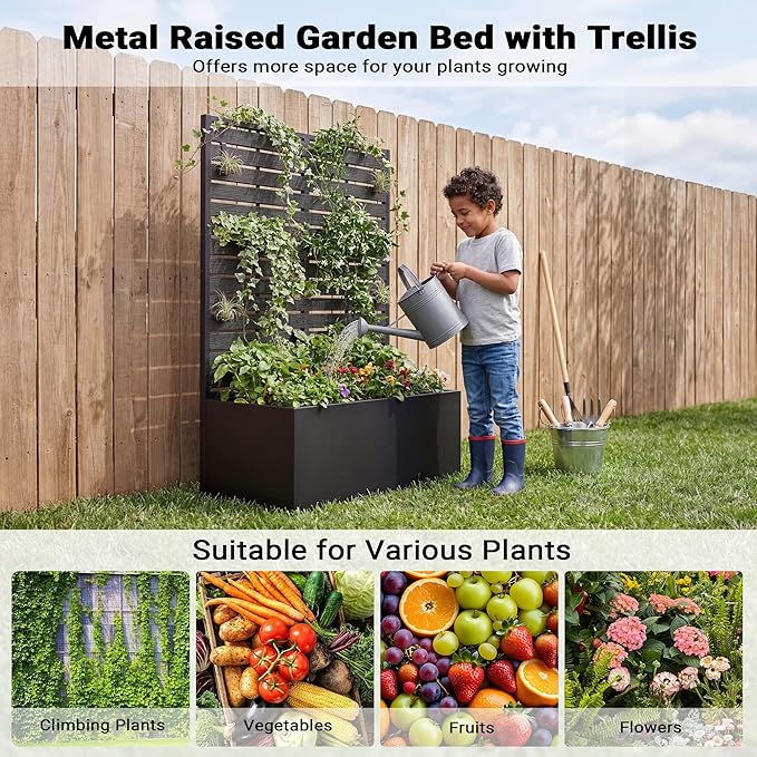 Metal Raised Garden Bed with Trellis, 35"x16"x47" Planter Box for Vegetables & Climbing Plants, Outdoor HDPE Privacy Screen Planter with Drainage Holes for Patio, Backyard, Garden