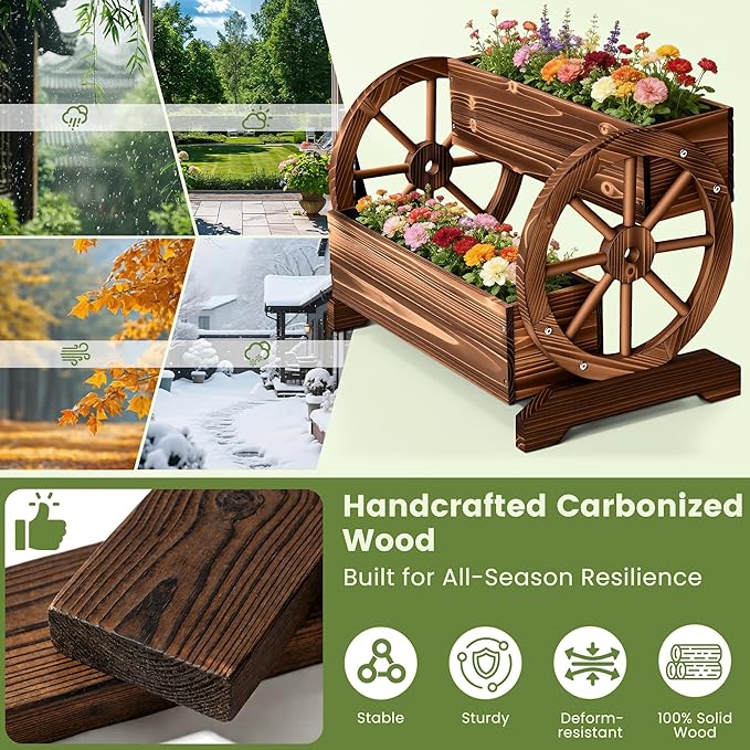 Wooden Wagon Planter Box, Extra Large 2-Tier Decorative Flower Cart with Wheels, Rustic Wood Planter with Drainage Holes & Non-Woven Liner, Raised Garden Bed for Flowers Herbs Vegetables