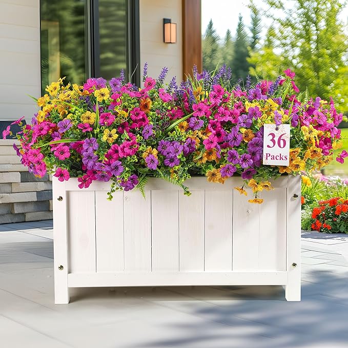 Alupssuc 36 Bundles Artificial Flowers for Outdoors Spring Summer Decoration, UV Resistant Eucalyptus Violet and Lavender Silk Fake Plants for Outside Indoor Yard Home Patio Decor, Yellow Rose Purple