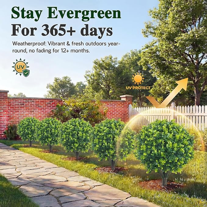 PATIO CHOICE Topiary Trees Artificial Outdoor Boxwood Ball Trees with Ground Spike Set of 2 22" Fake Outdoor Plants Faux Bushes and Shrubs Decorations for Outdoor Indoor Front Porch Garden