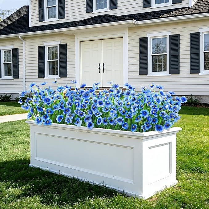 Roberly 24 Bundles Artificial Flowers for Outdoors UV Resistant Silk Fake Flowers Faux Plastic Plants for Porch Garden Window Box Indoor Outdoor Spring Summer Home Farmhouse Decor, Blue