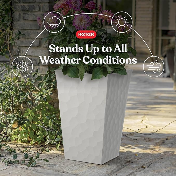 Keter Stone Tapered Planter Set of 2, Tall 26.4‑Inch Resin Outdoor Flower Pots with Stone‑Look Finish and 12.2‑Gallon Capacity, Cream