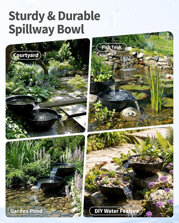 POPOSOAP Spillway Bowl and Basin Fountain Kit, Spillway Bowl Fountain with Pond Pump for Formal Waterfall Spillways, Water Gardens Basin Kit For Indoor/Outdoor DIY Water Feature Pond Garden-P721