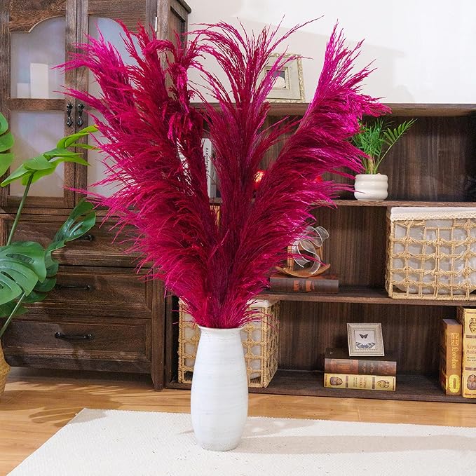 Hot Pink Pampas Grass for Floor Vase Decor, Tall Natural Pampas Grass, Large Dried Pompas Floral, Elegant Feather Flowers for Wedding Living Room Decorations (Natural Purple Red, 6pcs 43.3"(110cm))