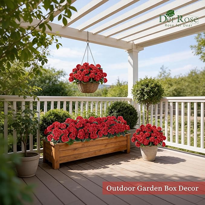 Der Rose 12 Pack Red Artificial Geraniums Flowers for Outdoors UV Resistant Faux Flowers for Outdoor Planters Window Boxes Patio Cemetery Porch Decor