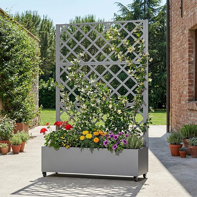 Casaphoria Metal Raised Garden Bed with Trellis and Wheels, 72"x47"x16" Arched Planter Box for Climbing Plants, Vegetables & Vines, Features Drainage Holes and Privacy Screen, Grey-Rhombus