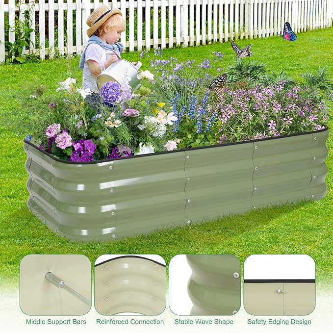 1MORE Raised Garden Bed -4X2X1 Galvanized Planter Box for Outdoor Gardening,3 in 1 Modular Raised Bed Kit with Protective Tape, Gloves for Herb，Ideal for Vegetables and Plants.Green-1Pack