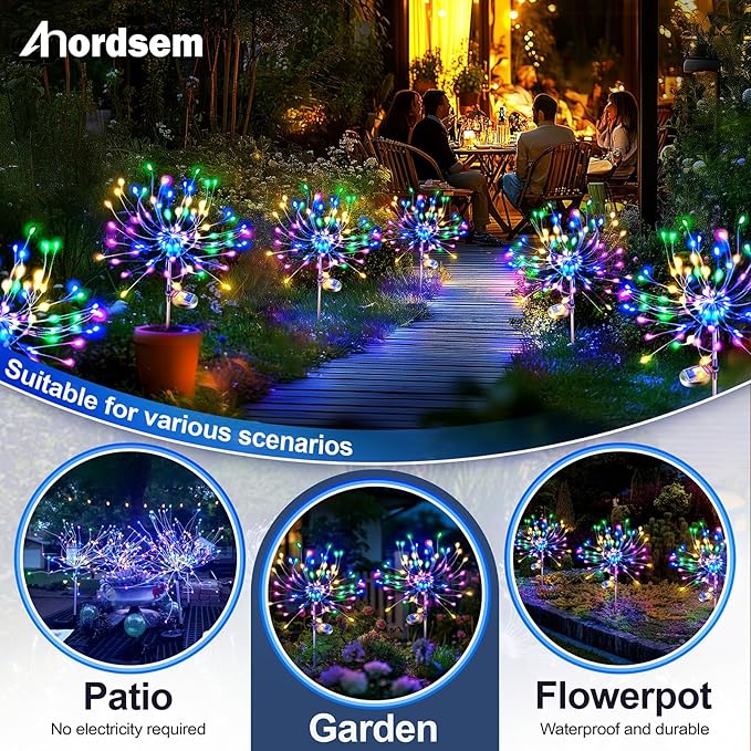 Anordsem Solar Lights Outdoor Waterproof: 2 Pack Garden Light - Bendable Copper Wire with 120 LED Firework Beads - DIY Colorful Fun Decoration for Yard Patio - Twinkle Sparkler Gifts for Women Wife