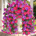 Artificial Fake Hanging Flowers Plants for Outdoor Outside Spring Summer Decoration 2PCS Faux Silk UV Resistant Realistic Morning Glory Trailing Vines for Home Porch Patio Balcony(Rose red & Magenta)