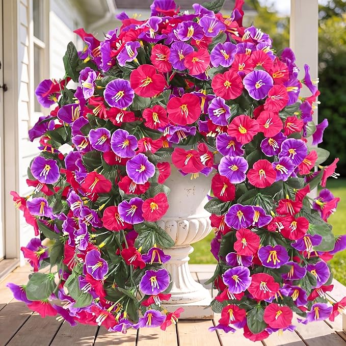 Artificial Fake Hanging Flowers Plants for Outdoor Outside Spring Summer Decoration 4PCS Faux Silk UV Resistant Realistic Morning Glory Trailing Vines for Home Porch Patio Balcony(Rose red & Magenta)