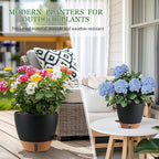 Self Watering Pots for Inoor Ourdoor Plants 10/9/8/7/6.5 Inch Plastic Planters with Drainage Holes & Water Level Indicator, Decorative House Flower Nursery Planting Pots with Saucers (Black)