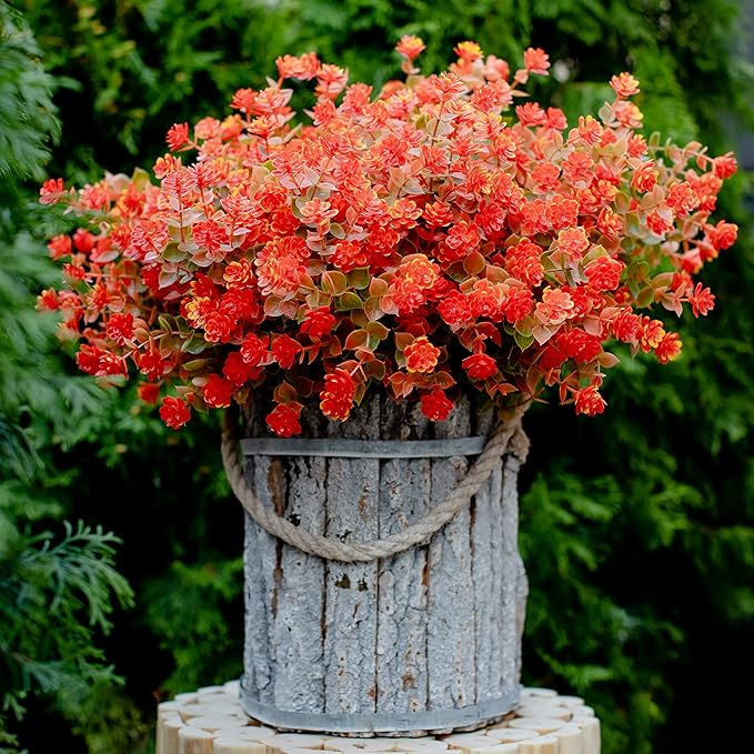 Artificial Fall Flowers Outdoor Fake Mums - 12 Bundles Fake Plants UV Resistant No Fade Faux Plastic Greenery Garden Porch Patio Fall Home Decor(OrangeGreen)