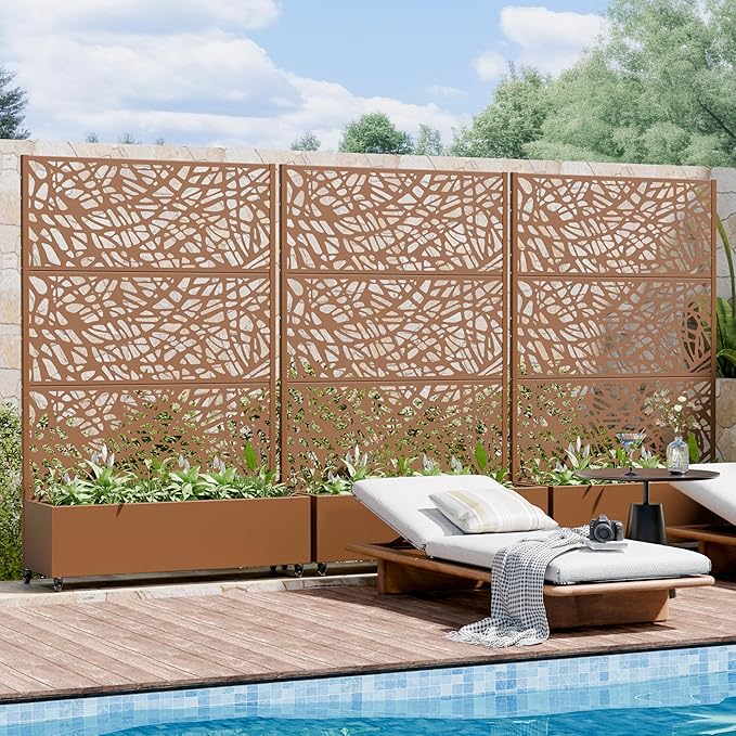 Casaphoria Metal Raised Garden Bed with Trellis and Wheels, 72"x47"x16" Arched Planter Box for Climbing Plants, Vegetables & Vines, Features Drainage Holes and Privacy Screen, Brown-Net