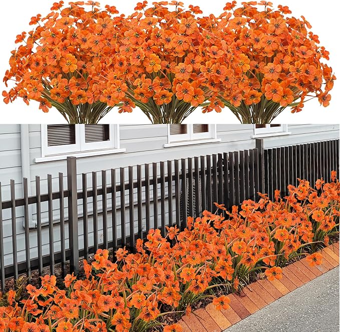 21 Bundles Artificial Outdoor UV Resistant Flowers No Fade Fake Outside Flowers Plastic Greenery Faux Shrubs Garden Porch Window Box Home Decoration(Light Autumn Orange)