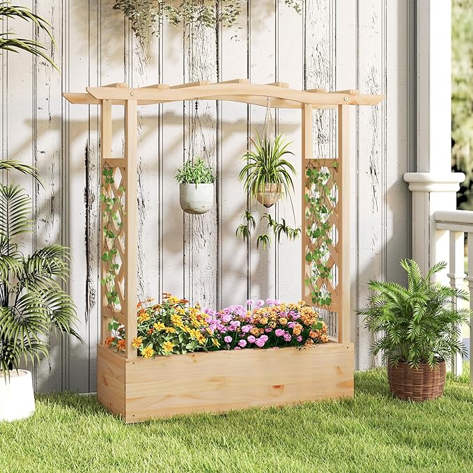 HAPPYGRILL Raised Garden Bed with Trellis, Wood Planter Box w/Hanging Roof, Drainage System, Elevated Garden Box for Climbing Vine, Outdoor Planter w/Trellis for Patio Balcony, 44" x 14" x 45"