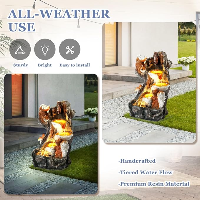 Grepatio Outdoor 4-Tiers Cascading Water Fountain, Garden Waterfalls Fountain with LED Lights, Indoor/Outdoor Floor Standing Water Fountains with Pump for Patio, Yard, Deck Decor with 2 Squirrel Look