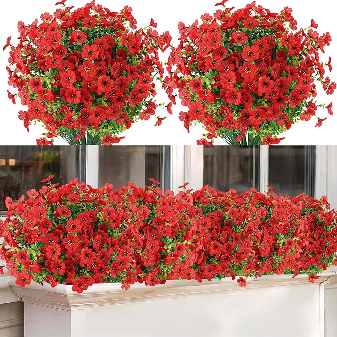 ATTGREAT Artificial Flowers Outdoor Faux Plants UV Resistant Fake Patio Flowers Plastic Greenery Plnats Outside Bulk for Spring Garden Hanging Planter Home Vase Decor, 12 Bundles (Red)
