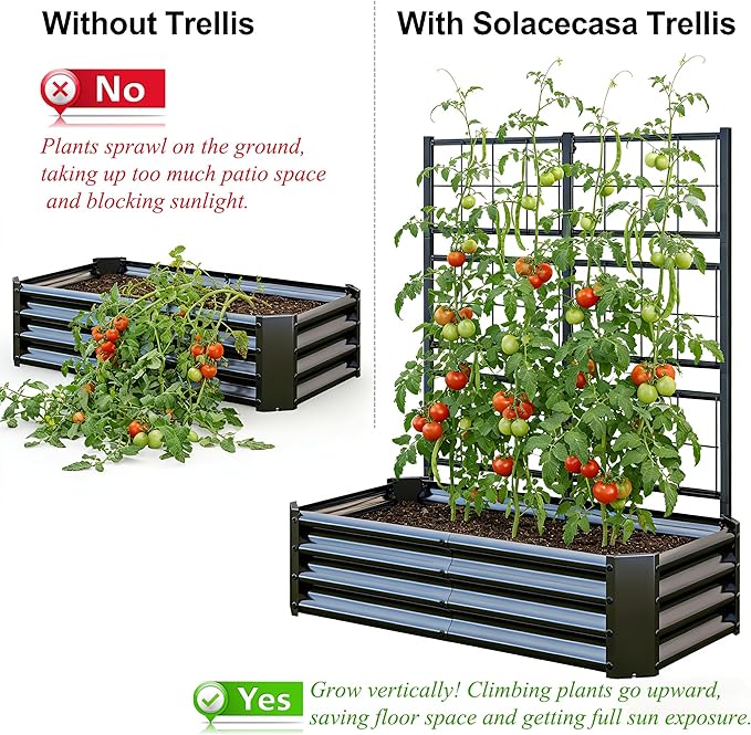 Galvanized Raised Garden Bed with Trellis for Climbing Plants Outdoor,Metal Vertical Garden Planter Box for Patio,Heavy Duty Elevated Garden Bed for Vegetables Tomatoes Cucumbers Flowers Herbs,Black