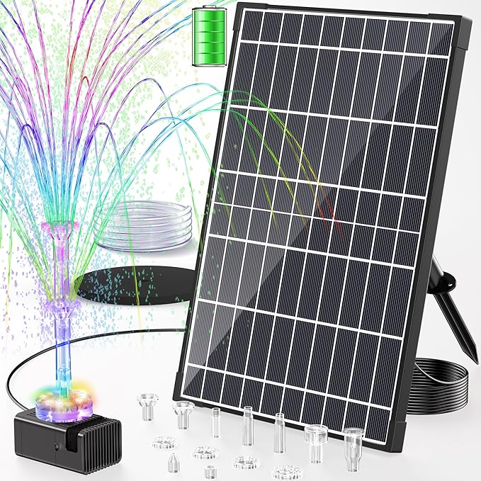 POPOSOAP 12W Solar Fountain Pump with 4200mAh Battery Backup, LED Colorful Lights & Remote Control, Solar Pond Pump for Bird Bath, Fish Tank, Outdoor Garden Water Features P112DL