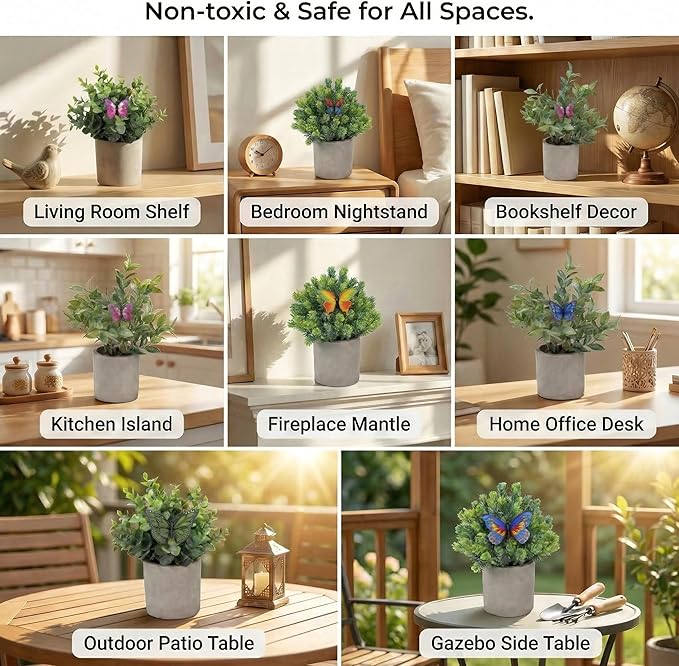 3 Pack Mini Potted Fake Plants Artificial Eucalyptus & Greenery Topiaries with 6 Butterflies,Artificial Plants for Shelf Desk Home Bathroom Farmhouse Room Coffee Table Decor