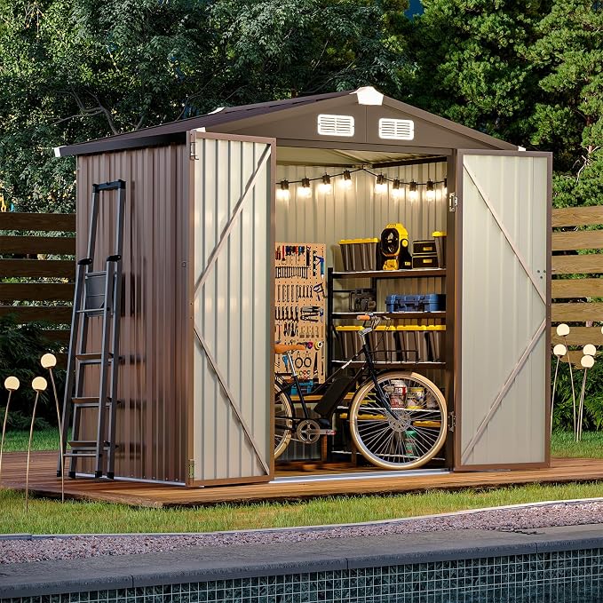 Aoxun 6.2x4 FT Shed with Solar Light Outdoor Storage Shed with Lockable Doors & Slooping Roof Metal Garden Tool Shed for Backyard, Patio, Poolside (Brown)