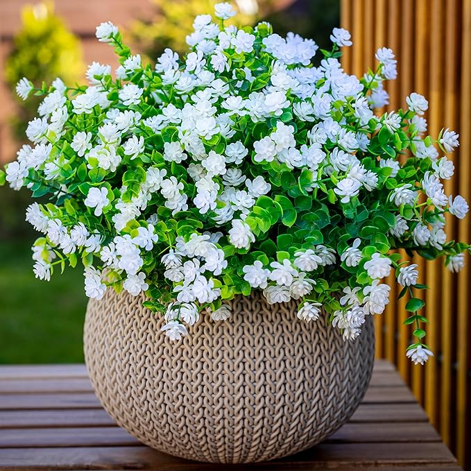 Artificial Flowers for Outdoors Fake Plants - 12 Bundles Faux Outside Greenery Boxwood No Fade Plastic Shrubs Fall Decor Farmhouse Home Garden (White)