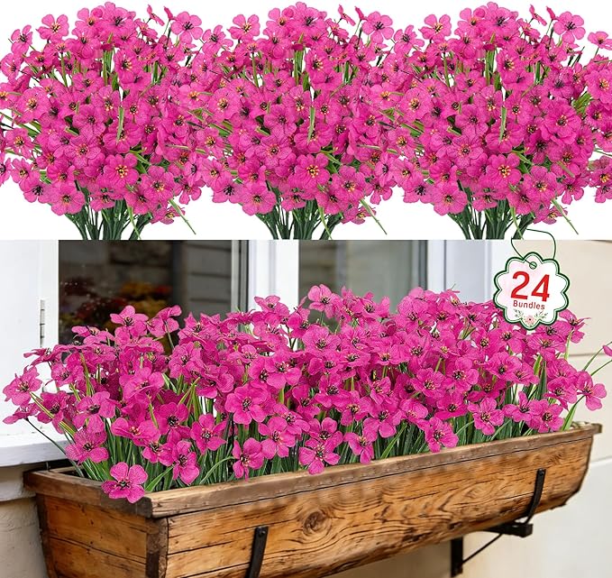 Roberly 24 Bundles Artificial Flowers for Outdoors UV Resistant Silk Fake Flowers Faux Plastic Plants for Porch Garden Window Box Indoor Outdoor Spring Summer Home Farmhouse Decor, Fuchsia