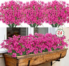 Roberly 24 Bundles Artificial Flowers for Outdoors UV Resistant Silk Fake Flowers Faux Plastic Plants for Porch Garden Window Box Indoor Outdoor Spring Summer Home Farmhouse Decor, Fuchsia