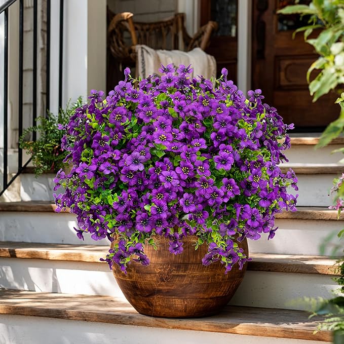 AXYLEX Artificial Flowers for Outdoors Fake Plants - 16 Bundles Fake Plants UV Resistant No Fade Faux Plastic Greenery Home Garden Porch Patio Decoration Office Indoor (Purple)