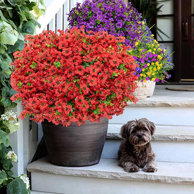 AXYLEX Artificial Flowers for Outdoors Fake Plants - 16 Bundles Faux Outside Greenery Boxwood No Fade Plastic Shrubs Fall Decor Farmhouse Home Garden Thanksgiving Mums (PureRed)