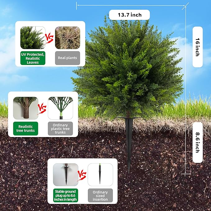 24.5 Inch (H) Artificial Cedar Topiary Ball Trees, Set of 6 Fake Shrub Bushes with Ground Spike, UV Resistant Faux Cypress Greenery Decor for Outdoor Garden, Patio, Front Porch, and Indoor Use