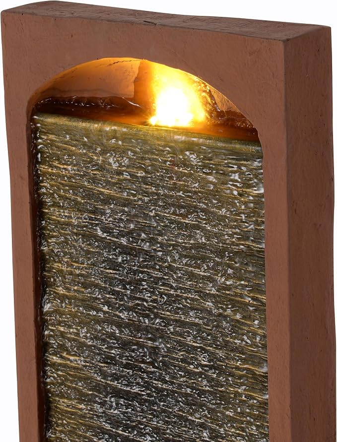 Teamson Home 38.5" Faux Slate Contemporary Outdoor LED Waterfall Fountain with Pebble Base, Red Rock