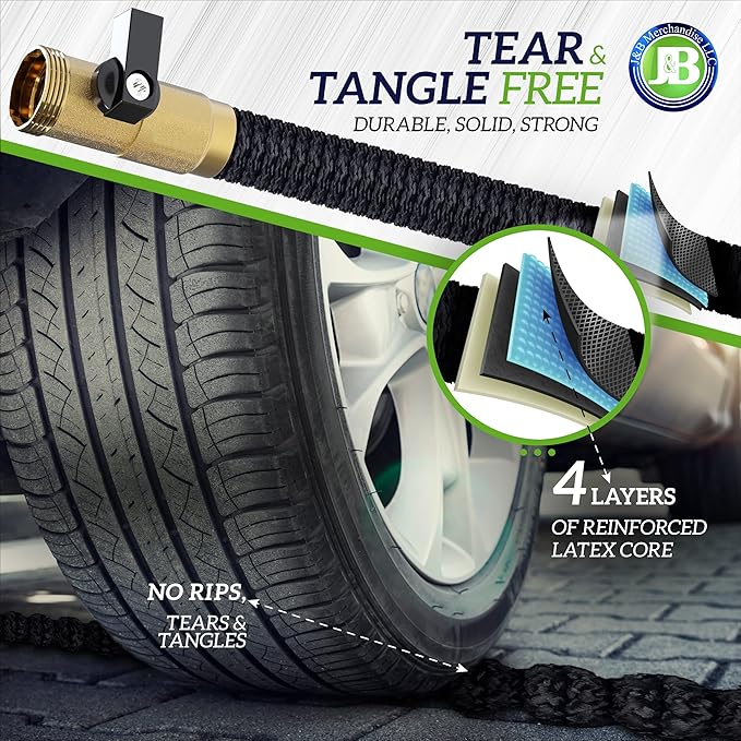 J&B XpandaHose 75ft Expandable Garden Hose - Heavy Duty Superior Strength 3750D - 4 -Layer Latex Core - Extra Strong Brass Connectors and Storage Bag (Black 75)