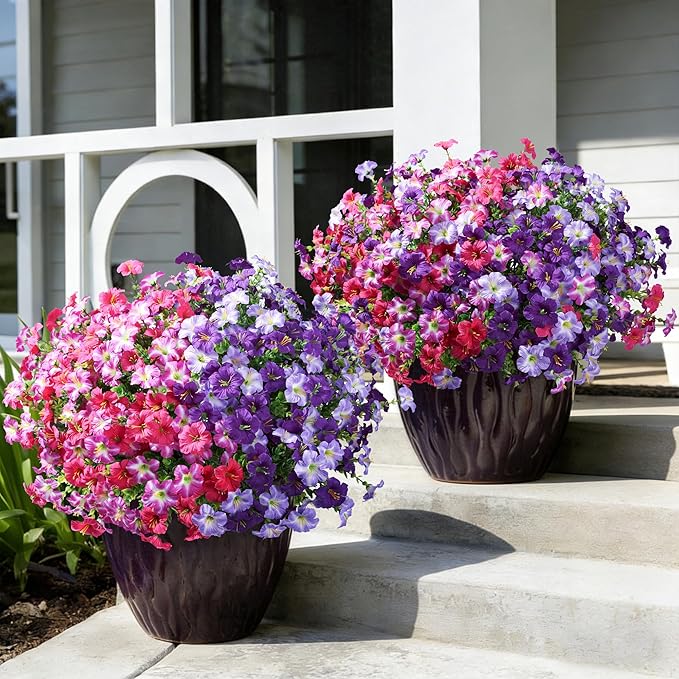 Artificial Flowers for Outdoors Decoration, 20 Bundles Purple Faux Morning Glory with Eucalyptus Look Real UV Resistant Fake Plants Silk Flowers for Outside Yard Gardens Porch Patio Planter Home Urn