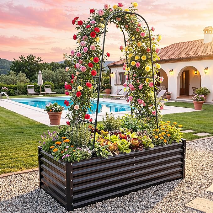 YITAHOME 6x3x2ft Galvanized Raised Garden Bed with Tall Arch Trellis, Galvanized Planter Box with Vertical Netting, Gloves, Support Rod, Outdoor Flower Bed for Plants, Vegetables, Flowers, Black