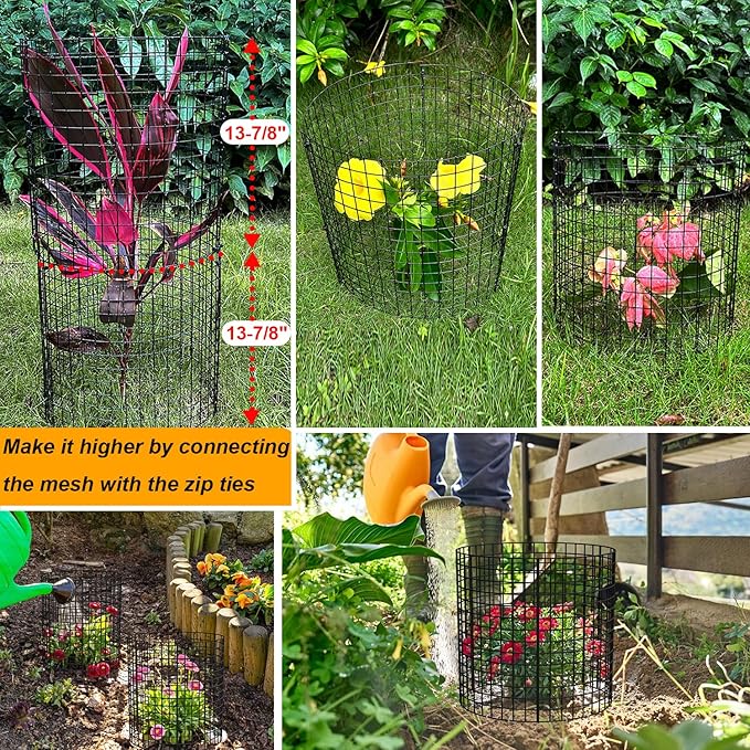 6 Pack Plant Protector from Animals, 13.5" Dia x 14" H Wire Plant Protectors, 18pcs Pre-Bent Metal Mesh to Keep Animals Out with Zip Ties & Stakes (6 Packs)