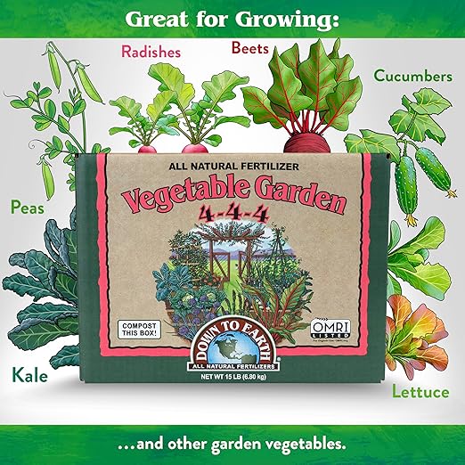 Down To Earth All Natural Fertilizers Organic Vegetable Garden - Plant Food for Vegetables, Herbs, Greens and Raised Beds 4-4-4, 15 lb