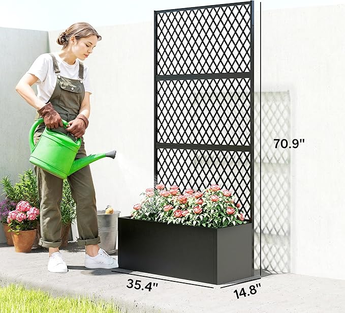 Outsunny Metal Planter Box with Trellis, Raised Garden Bed with Trellis Privacy Screen and Drainage Holes for Climbing Plants, Diamond Lattice Privacy Planter for Garden, Patio, Balcony