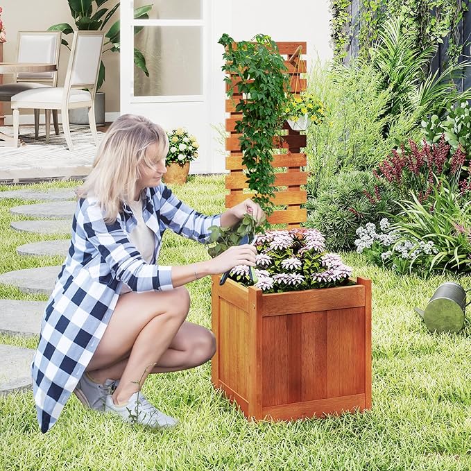 HAPPYGRILL Raised Garden Bed with Trellis, Outdoor Elevated Planter Box w/Trellis, Open-Ended, for Climbing Plant Vine Flower Vegetable, Freestanding Privacy Planters for Patio Yard, 16"x16"x48" (1)