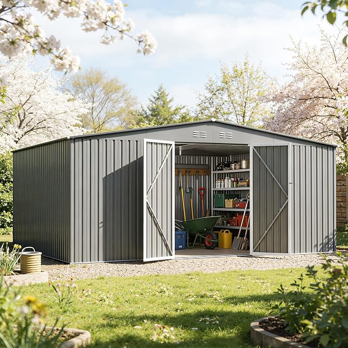 14 x 12FT Sheds & Outdoor Storage,Grey Metal Waterproof Storage Shed with Door and Lock Outdoor Shed,All-Weather Shelter for Bike, Gardening Tools, Lawn Mowers