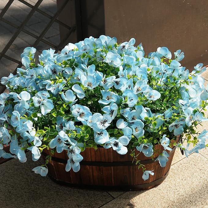 Artificial Flowers for Outdoor, UV Resistant Fake Silk Pansies Flowers, Realistic Faux Plants for Outside Indoor Porch Patio Window Box Planter Home Decor (16, Blue)