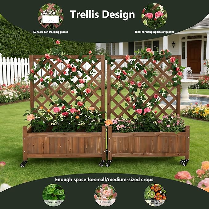2 Pcs Wooden Planter Boxes with Trellis: Four Universal Wheels for Easy Mobility, 37.6" H x 27.5" W x 13" D,Perfect for Outdoor Climbing Plants on Patios, Balconies & Gardens