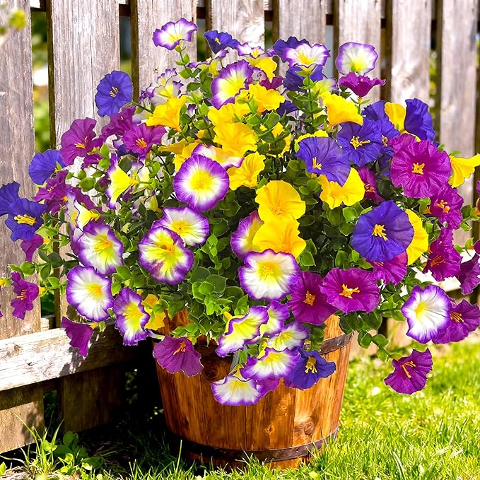 Artificial Flowers for Outdoors Fake Plants Spring Summer Decor, 12 Bundles Realistic Fake Silk Flowers Colorful Morning Glory UV Resistant Faux Flowers for Porch Outside Planter Porch Patio Yard