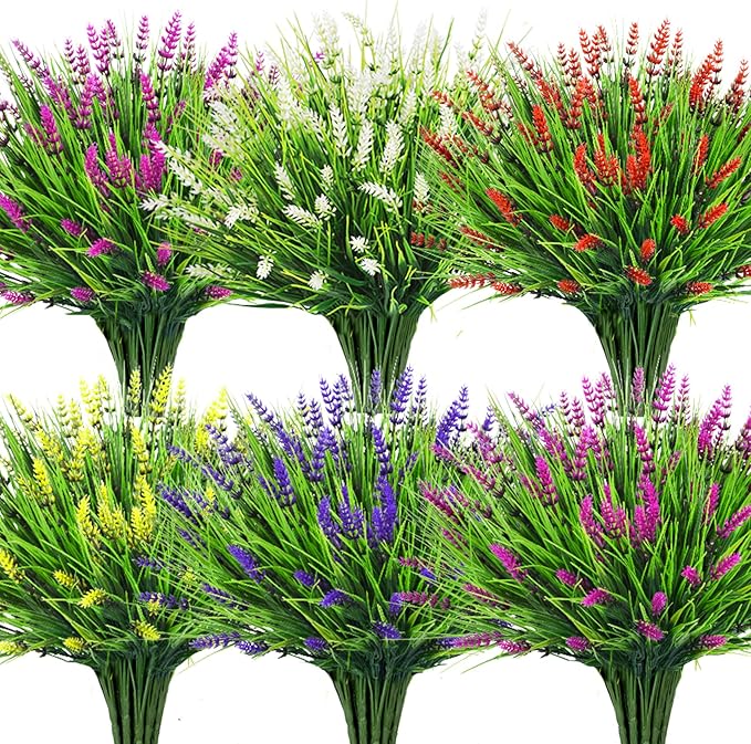 Bassion Artificial Flowers for Outdoors, 24 Bundles Fake Lavender Flowers UV Resistant Mixed Color Plastic Plants Faux Monkey Grass for Home Porch Garden Window Box Indoor Outdoor Decorations