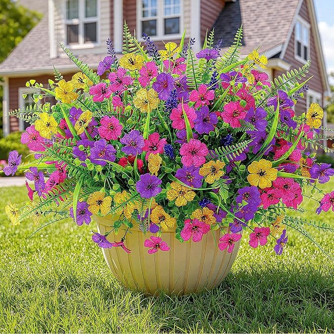 Alupssuc 36 Bundles Artificial Flowers for Outdoors Spring Summer Decoration, UV Resistant Eucalyptus Violet and Lavender Silk Fake Plants for Outside Indoor Yard Home Patio Decor, Yellow Rose Purple